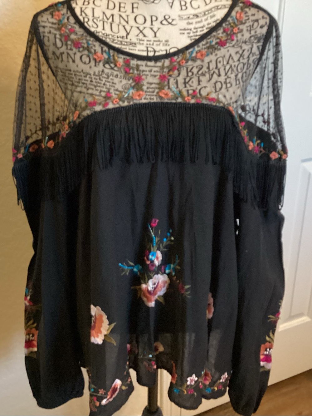 Black Embroidered Fringe Peasant Blouse with Floral Detail